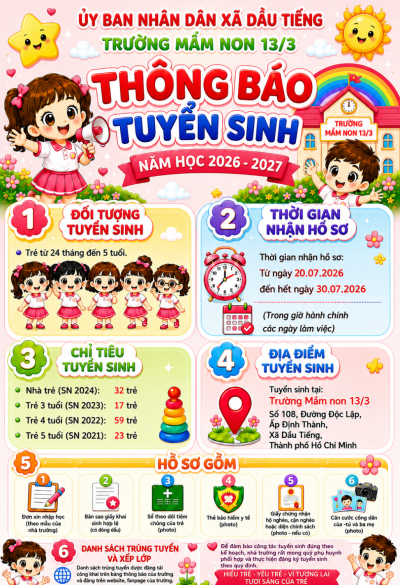 TRƯỜNG MN 13/3 TIẾP TỤC TUYỂN SINH NĂM HỌC 2026-2027